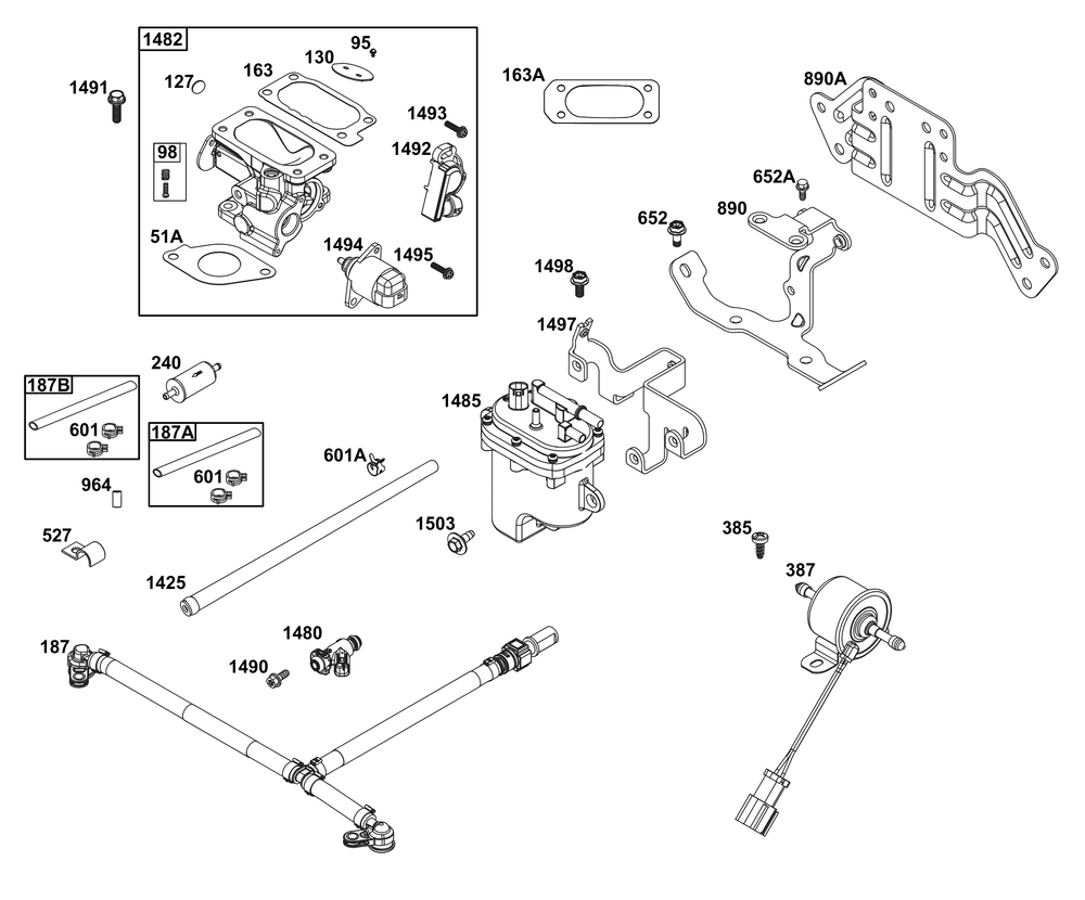 Throttle Body And Fuel Supply Group Diagram and Parts List for 61G477-0007-J1 400000 - 699999 Briggs and Stratton Engine